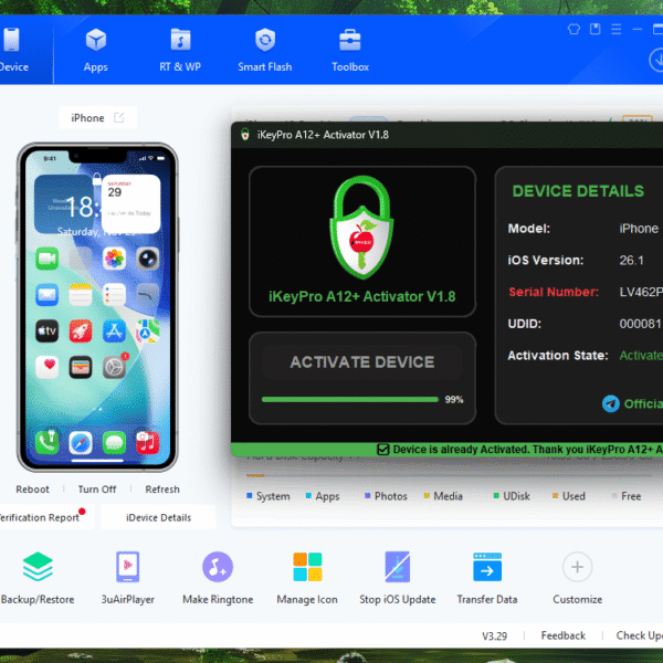 iKeyPro A12+ Activator Hello Screen Bypass No Signal iPhone Xr To 17 Pro Max & iPads All Models [Windows Tool]
