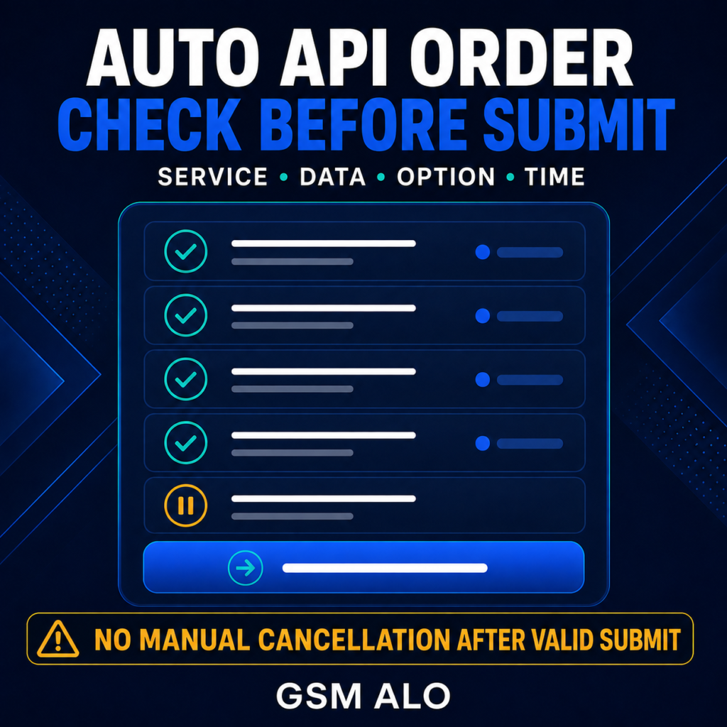 Auto API order checklist showing service, data, option and Time checks before Submit