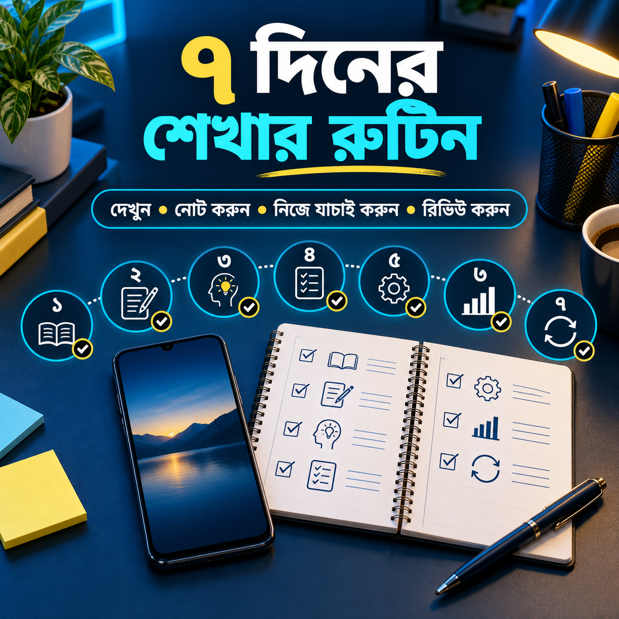 অনলাইন মোবাইল সার্ভিসিং শিক্ষার্থীর সাত দিনের শেখার রুটিন ও চেকলিস্ট